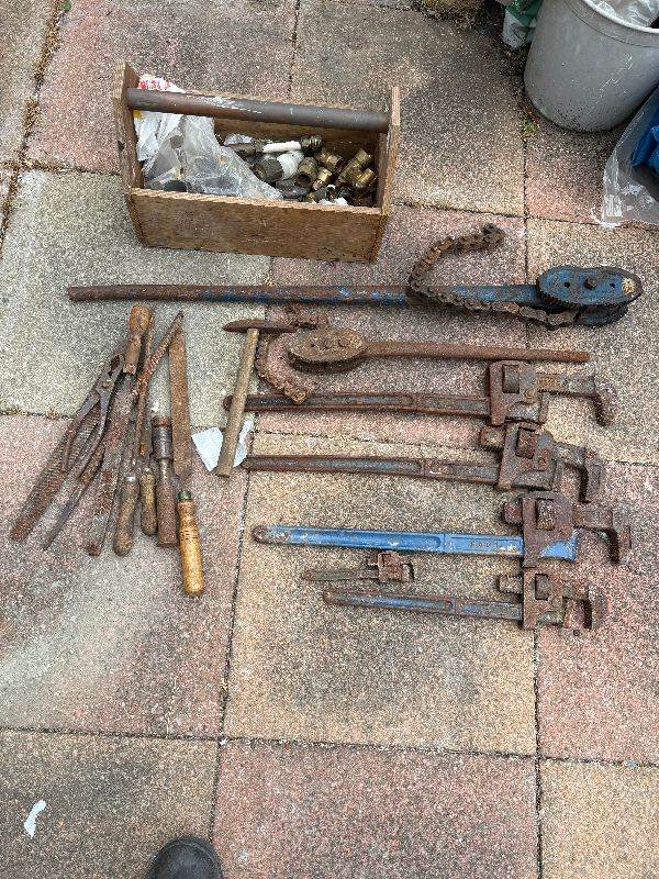 Vintage Record Pipe Stilsons and pipe chains plus extras tools.