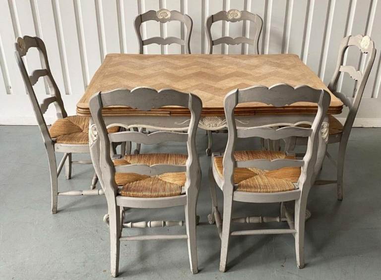 Lovely French Style Dining Table and 6 Chairs – Grey Wood