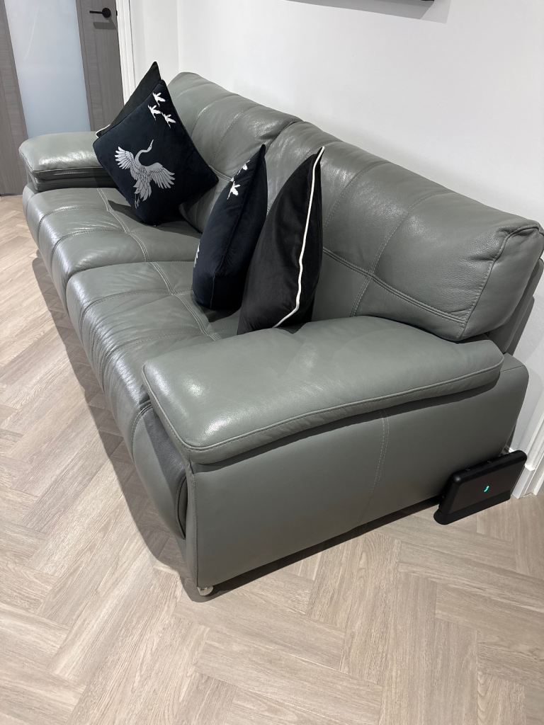 Immaculate Grey Superior Leather - 3 Seater Sofa, 2 Seater Sofa & Footstool