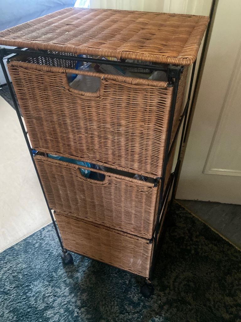 Wicker Storage Unit with 3 Drawers on Wheels - Good Condition