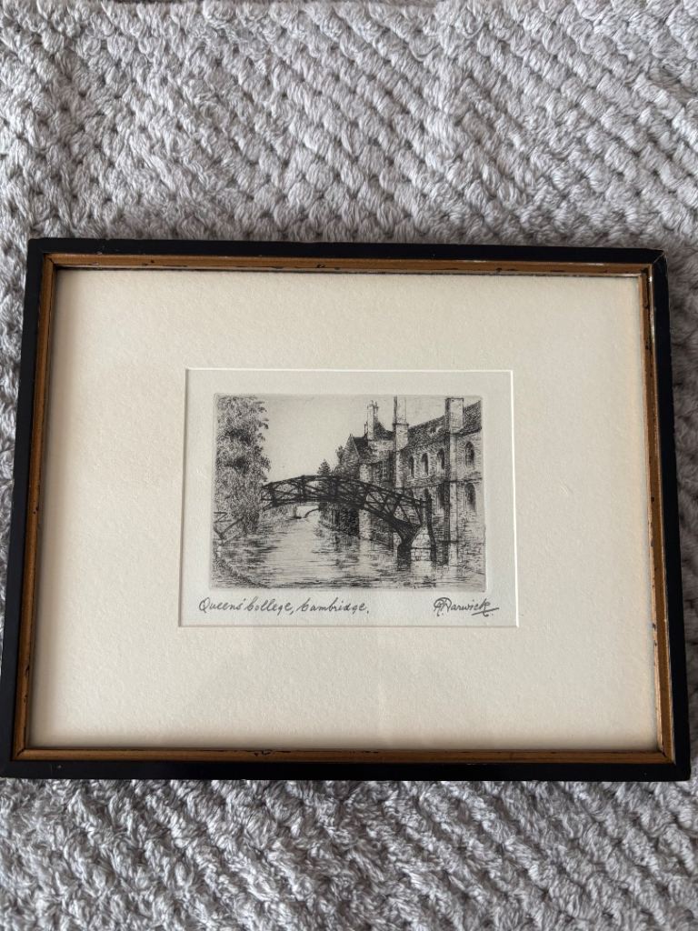 Framed Queens' College Cambridge Etching – Classic Wooden Frame