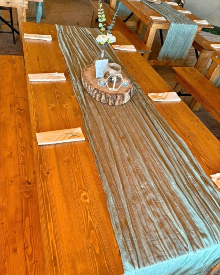 Sage green cheese cloth table runners / drapes 