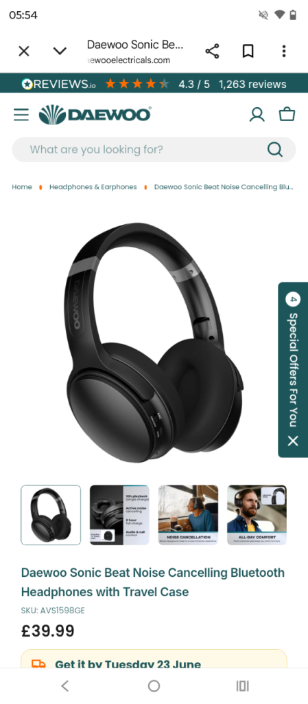 Daewoo Sonic Beat Noise Cancelling Bluetooth Headphones with Travel Case