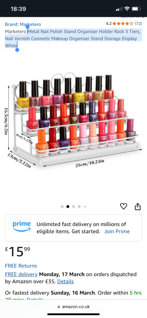 White Metal Nail Polish Stand / Organiser, 3 Tiers, heart design, freestanding or wall mountable