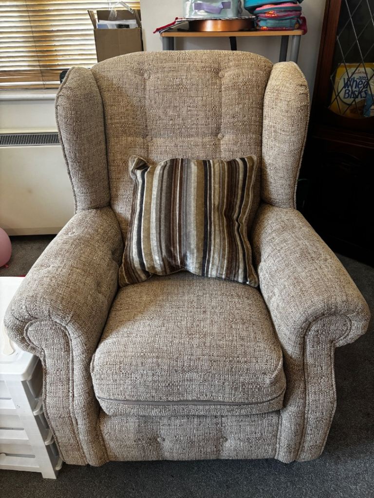 Comfy Beige Armchair with Striped Cushion – Good Condition