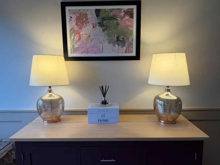 Pair of Silver and Copper Glass Table Lamps with White Shades