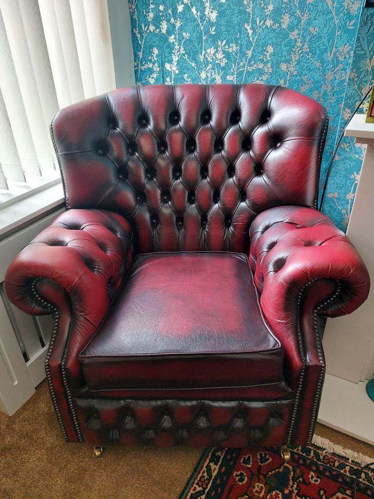 ExCond. Chesterfield OxBlood Monk Leather High Back Arm Wing Chair