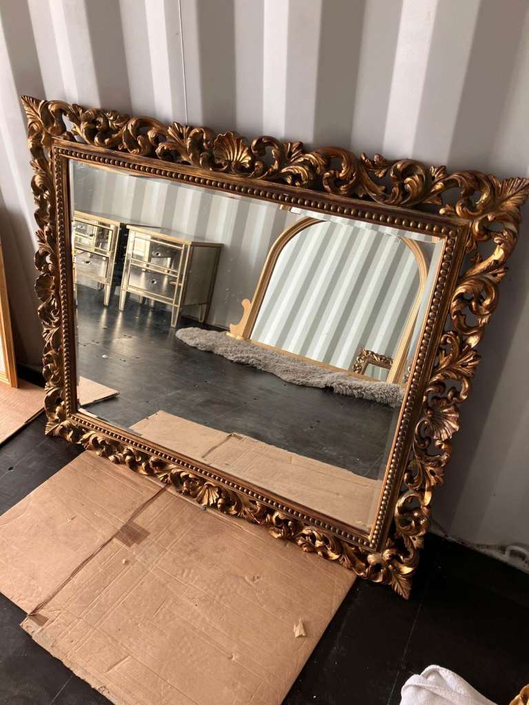 Large Ornate Baroque Style Mirror – Gold Leaf Wood Frame – 123cm x 103cm – £95