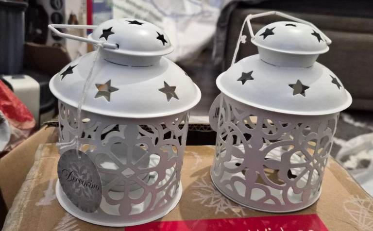 Pair of Small White Decorative Lanterns with Star Cut-outs