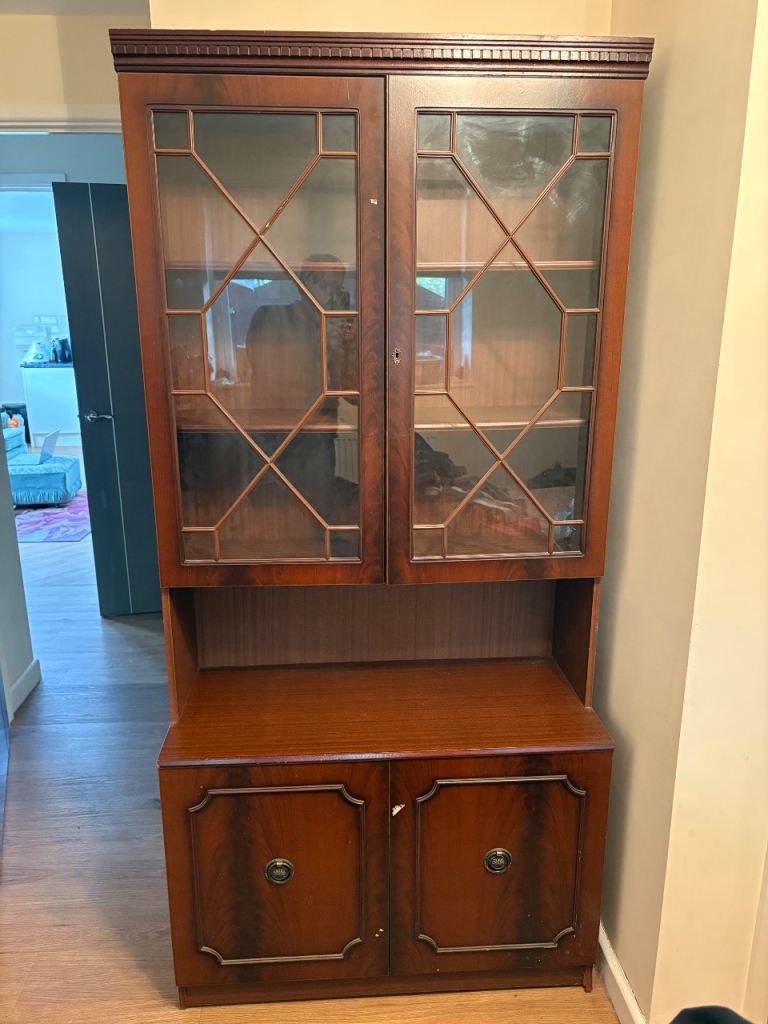 Solid Wood Display Cabinet / Bookcase with Glass Doors