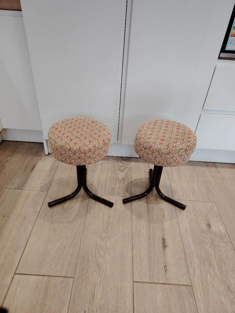 Pair of Retro Vintage Stools with Woven Seats