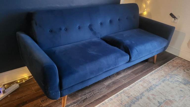 Navy Velvet 3 Seater Sofa Bed – Clic Clac Style – Good Condition