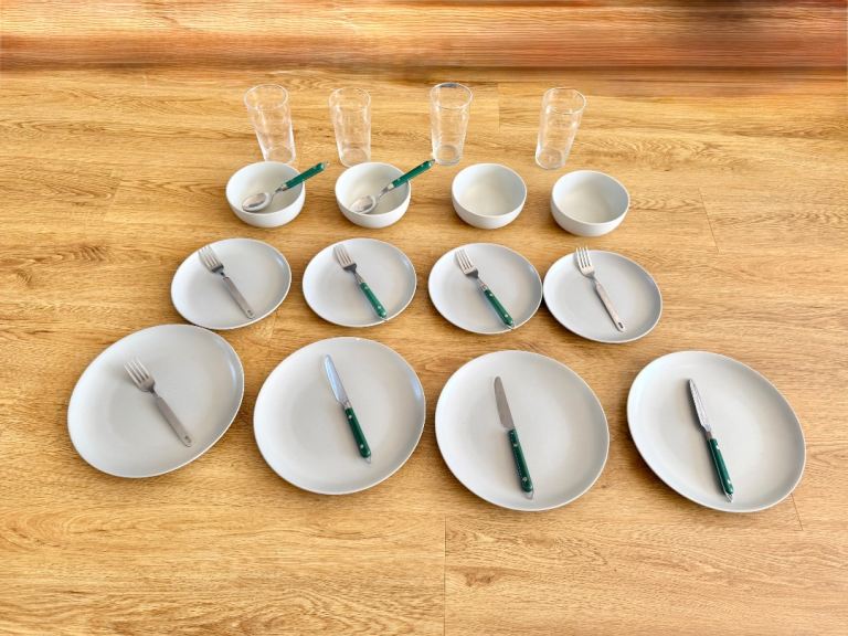 Full Dining Set – stoneware Plates, Bowls, Cutlery & Glasses