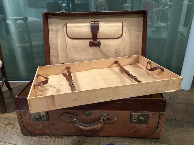 image for Antique Leather Trunk, Suitcase With Original Shelf