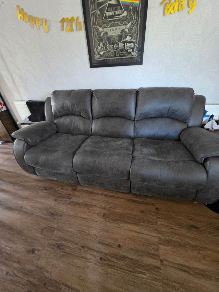 Grey soft suede Recliner Sofa & Armchair Set - Great Condition