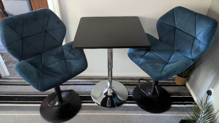 Modern Blue Velvet Bar Stools and Black Square Bar Table Set