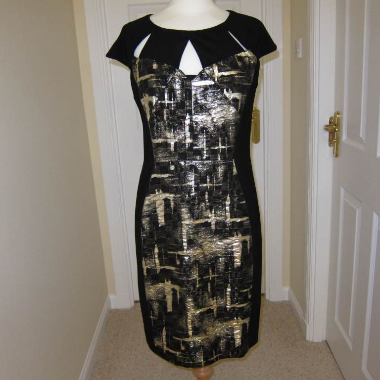 Ribbcoff dress size 14 gold textured panel back and front, rear zip, fully lined