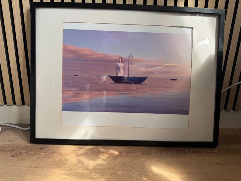 Framed Print with Surreal Boat Scene – Good Condition