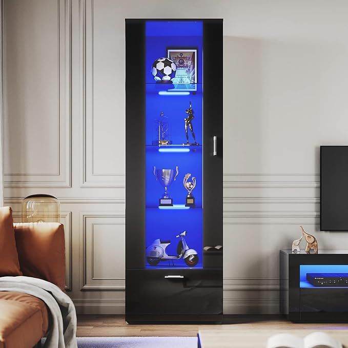 New Black Display Cabinet RGB LED Cupboard Tall Storage Doors Sideboard RRP £255 Our Price £189