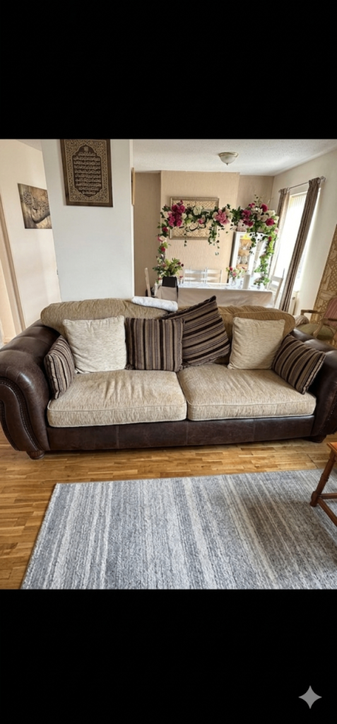 2 x Comfortable Brown Leather Four - Seater Sofa