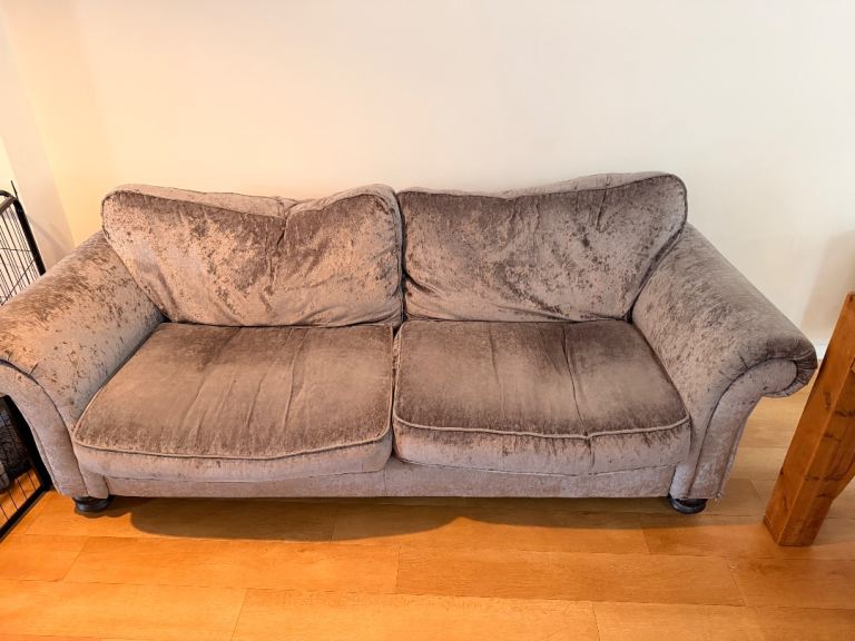 FREE !!Grey Velvet Two-Seater Sofa with Matching Footstool – Fair Condition