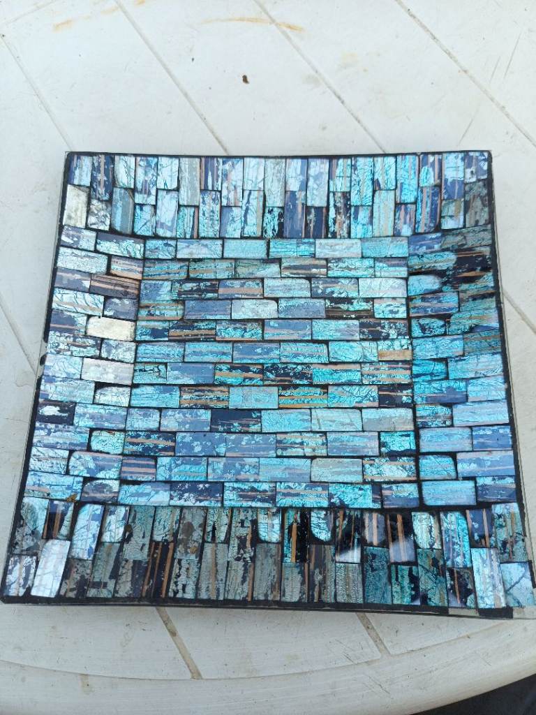 Square Glass Dish with Blue Mosaic Design – Good Condition