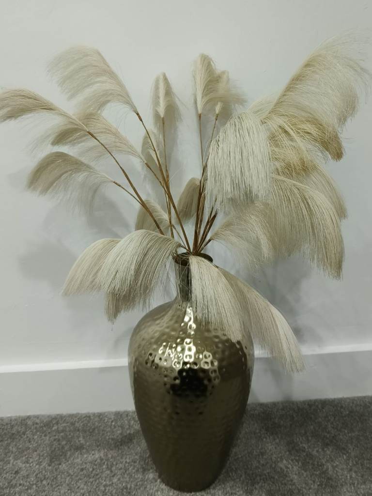 Hammered Gold Metal Vase with Pampas Arrangement