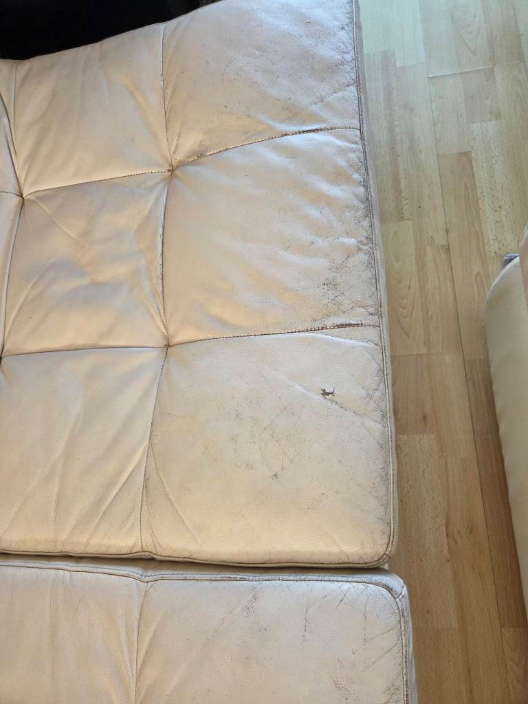 White Leather Sectional Sofa with Ottoman – Fair Condition