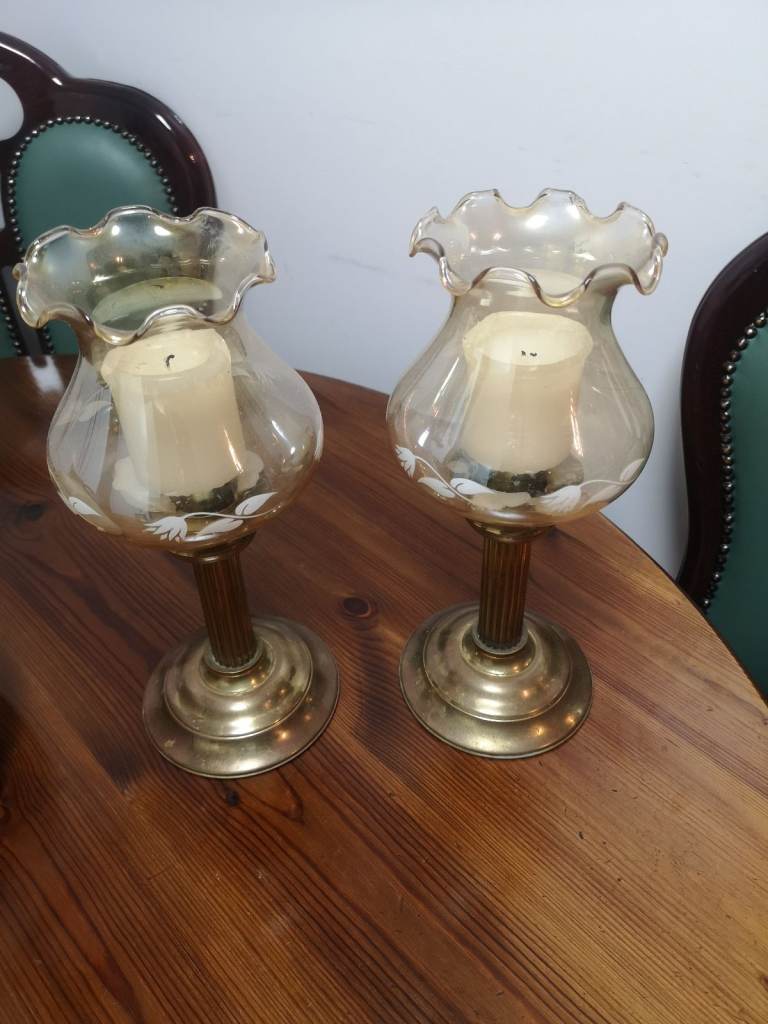 2x vintage brass candle holder with a glass shade decorative victorian classic 