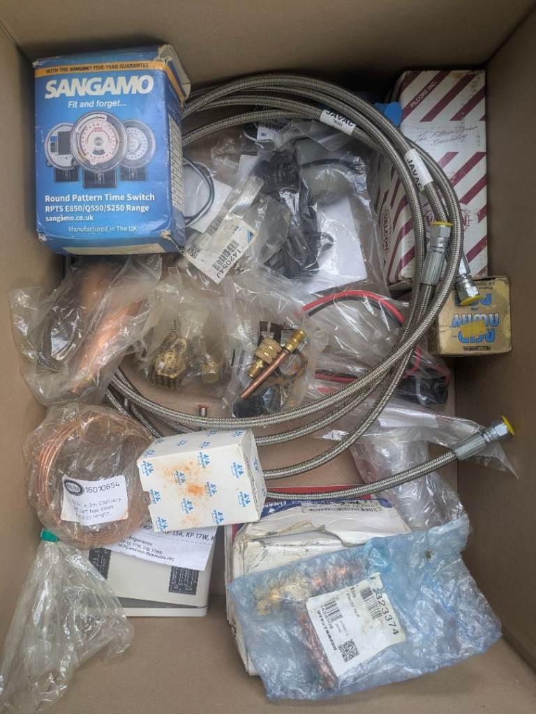 Box of Old Refrigeration/Air-conditioning Parts - Sangamo Timer Included