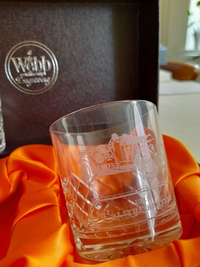 WEBB CONTINENTAL WHISKEY GLASSES (2) VINTAGE CAR ENGRAVINGS