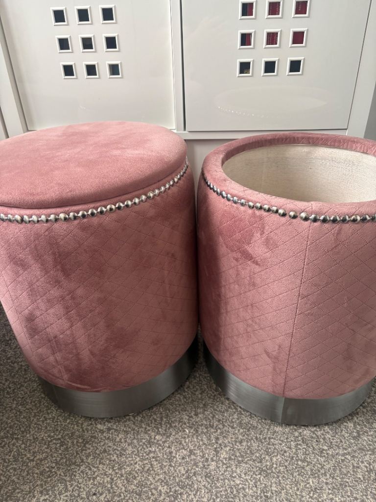 Pair of Pink Velvet Storage Stools / Pouffes with Stud Detail
