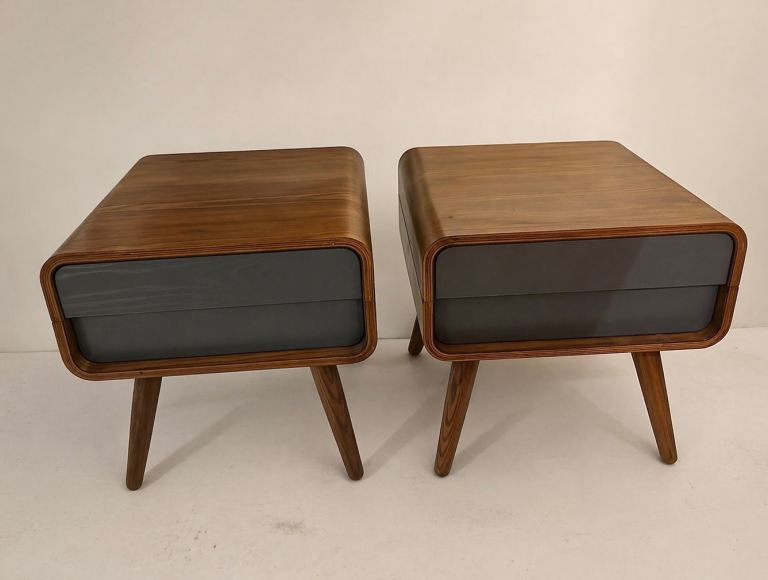 Mid Century Modern Walnut Bedside Tables Pair Brown Bedroom Furniture Retro