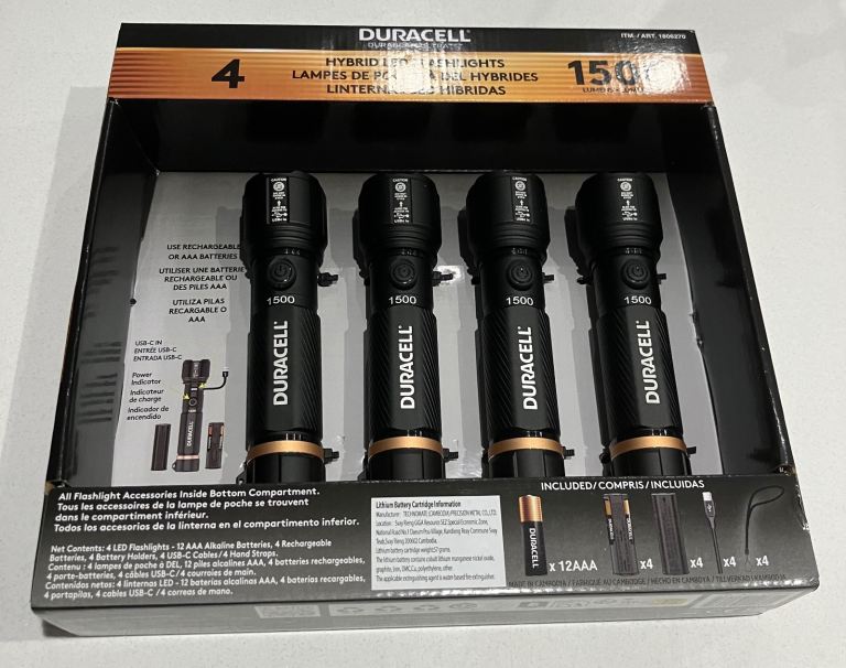 image for Duracell 1500 lumen 4 pack hybrid LED hand torches with batteries, new in box