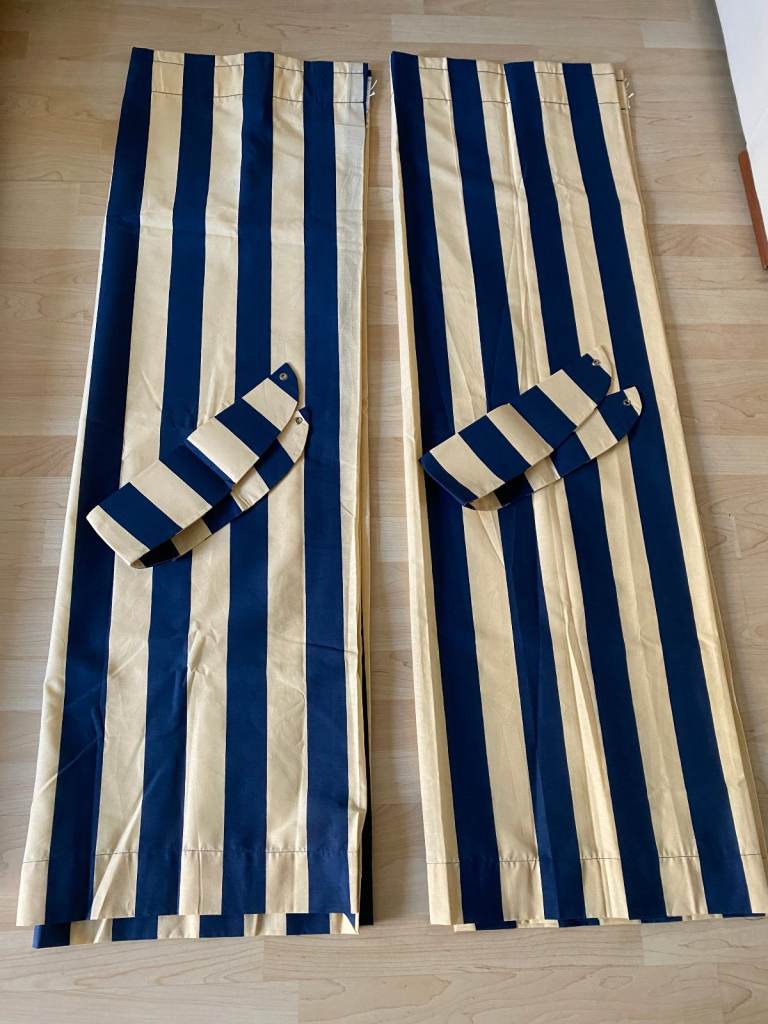 Sleeping Beautifully Set 2 Stripped Curtains Beige/Navy Blue (Width)170x(Vertical)140cm