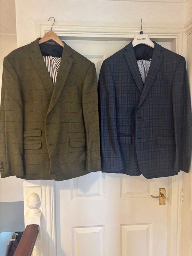 Men's 3 piece suites - Green Tweed and Blue Check, Good Condition