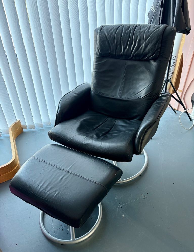 Black Faux Leather Swivel Chair with Footstool