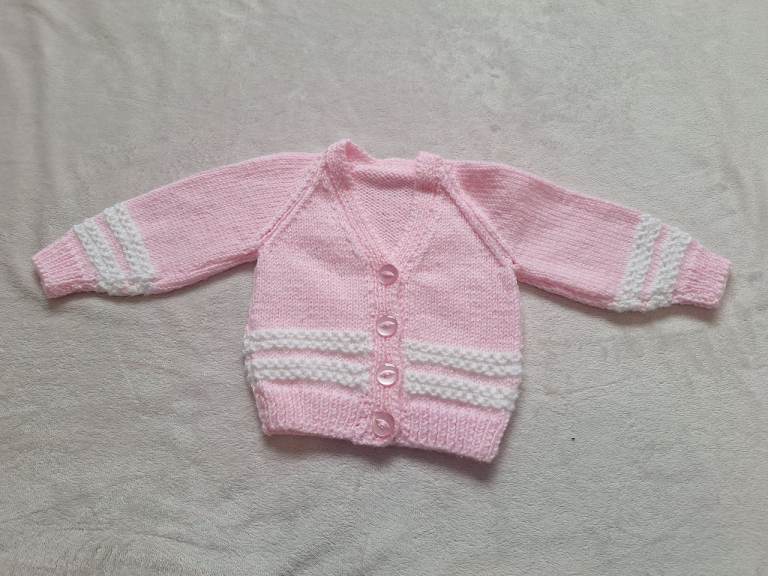 Pink And White Hand Knitted Baby Cardigan Size Newborn 