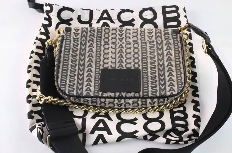 image for Marc Jacobs Over Shoulder Bag Black Gold Chain Logo Stripe – Authentic Designer Used  