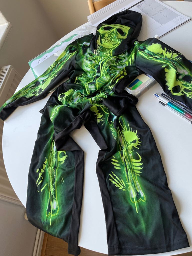 Neon Green Skeleton Halloween Costume - Hooded Fancy Dress