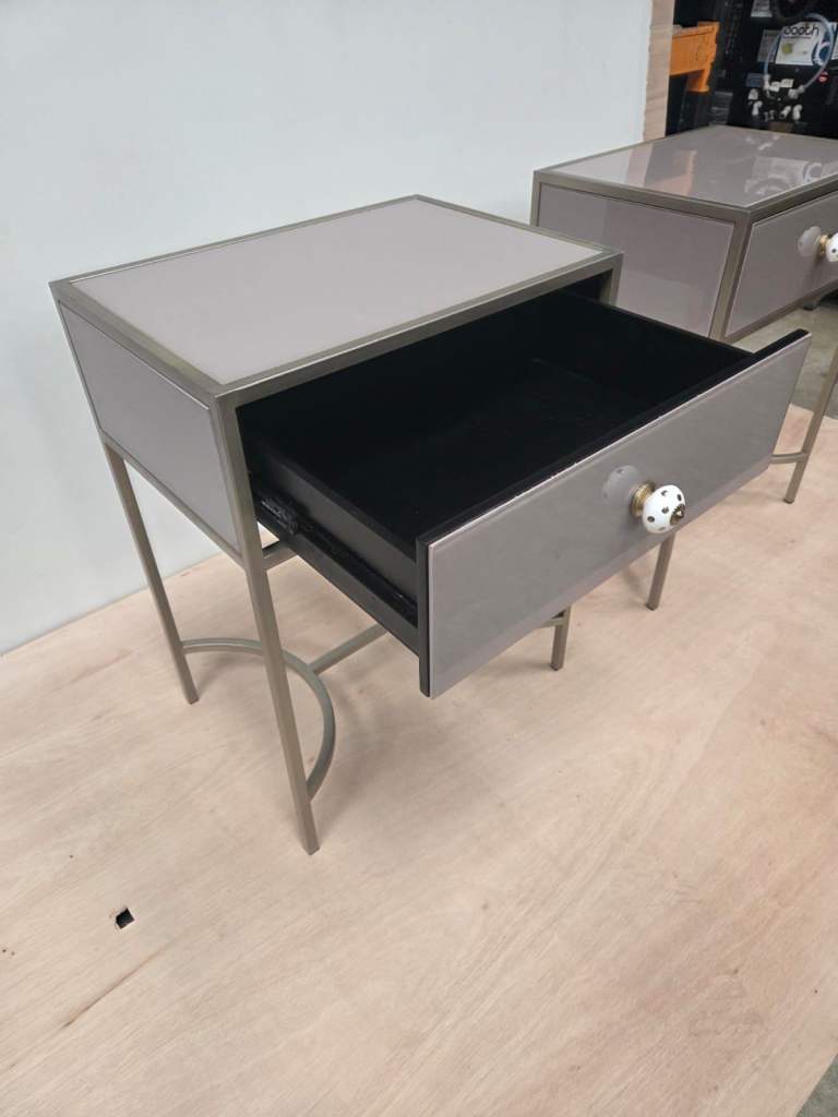 Stunning Pair of Contemporary Grey & Glass Bedside Tables 