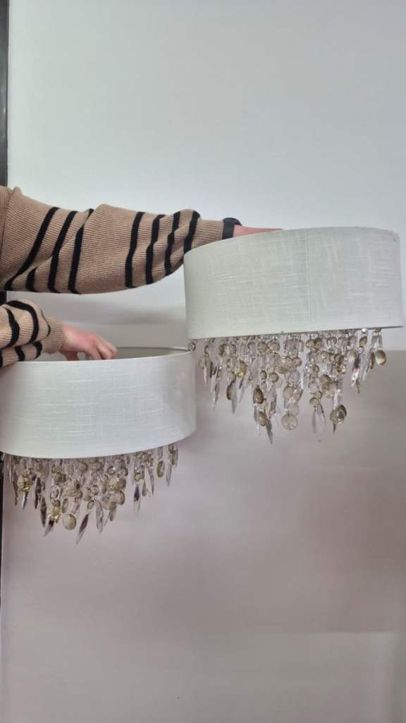 2 x large ceiling light shades lampshades with dangling beads. Off white 