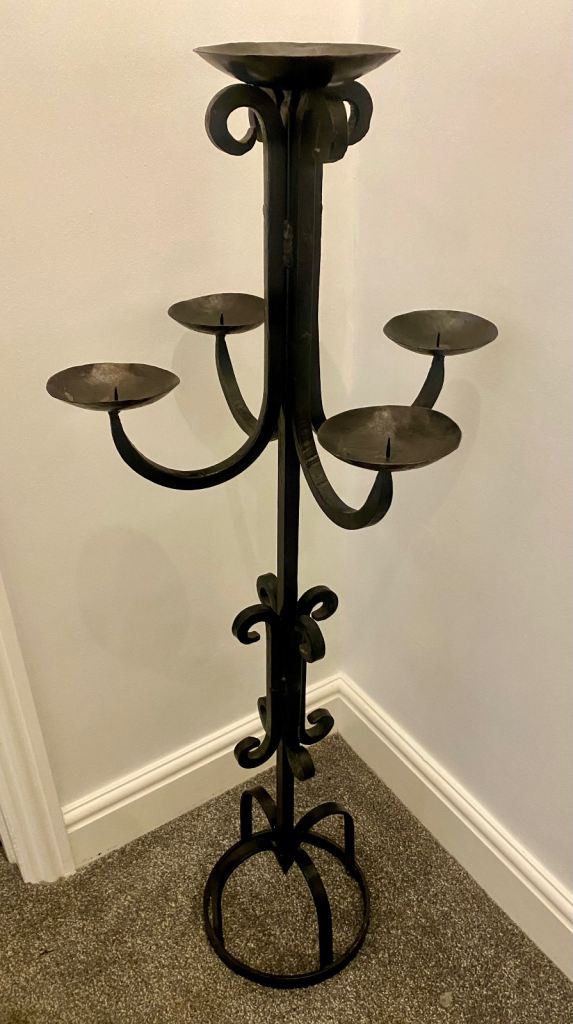 Black very heavy freestanding wrought iron 5 arm candelabra 
