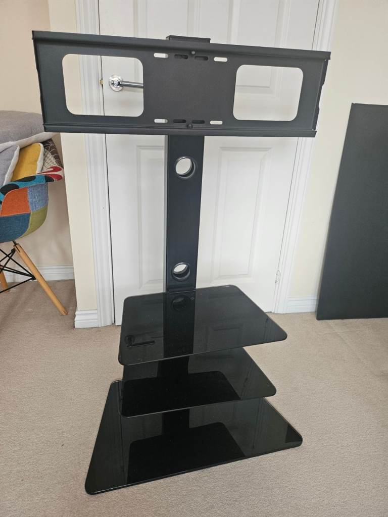 Black TV Stand with Glass Shelves – Very Good Condition