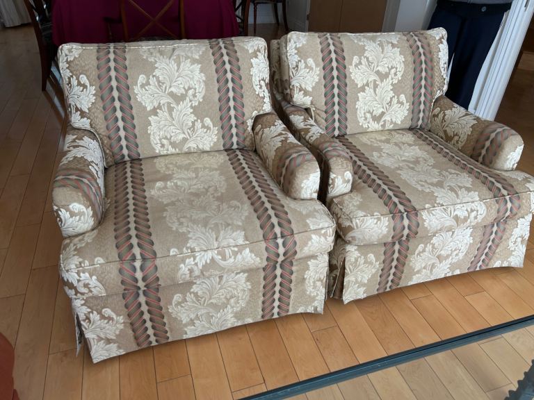 Country house style floral damask armchairs pair 