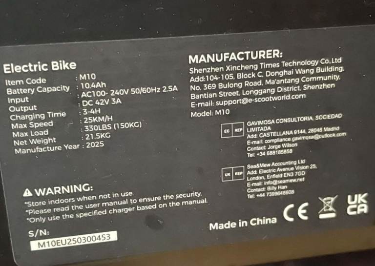 Xincheng Times Technology M10 Electric Bike – Black, As Good As New