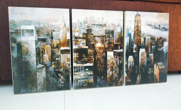 New York USA Manhattan by Night Skyline triptych Canvas Printed Painting Picture Art, John Lewis