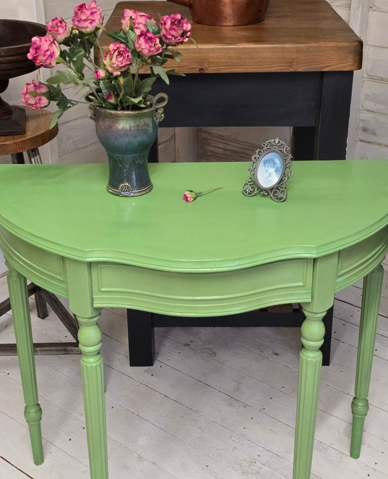 Vintage Half Moon Painted Console Table With Secret Drawer