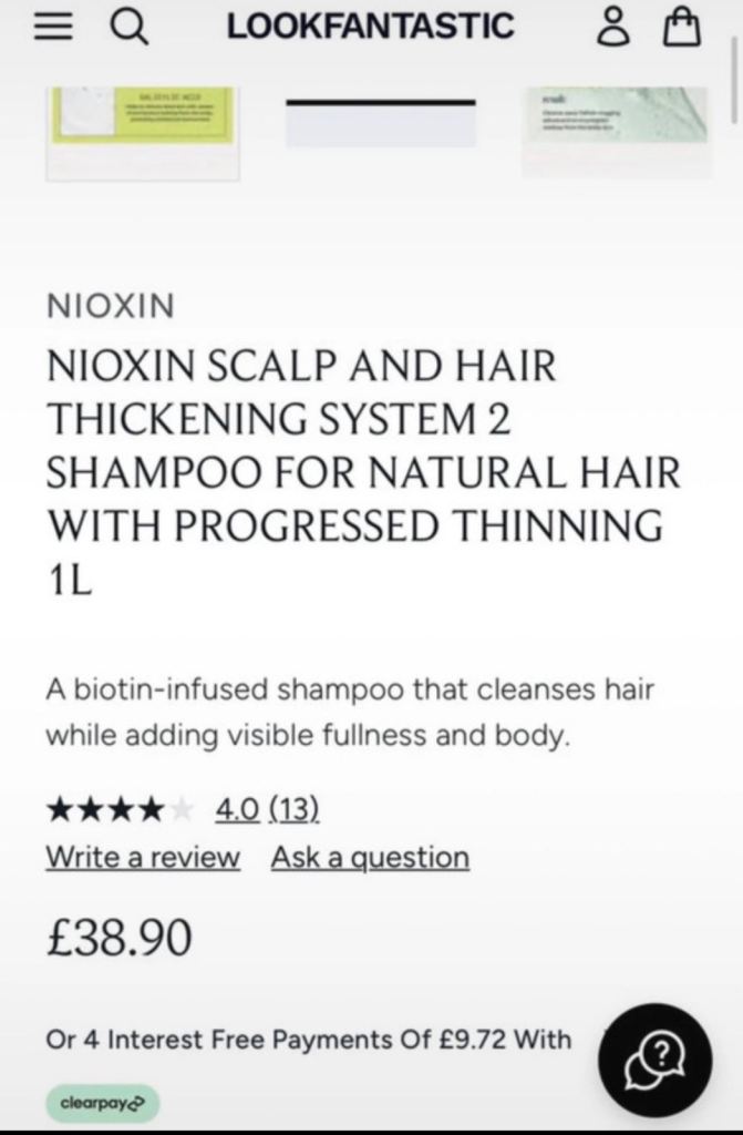NIOXIN SCALP AND HAIR THICKENING SYSTEM 2 SHAMPOO FOR NATURAL HAIR WITH PROGRESSED THINNING 1L 