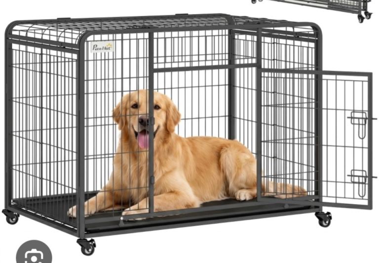 XL dog crate on wheels with tray and folds up